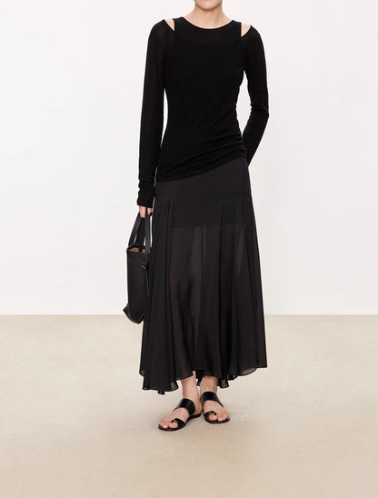 NOTHING WRITTEN crepe de chine + chiffon silk double-layered 2 pieces stitching irregular skirt-NORA.