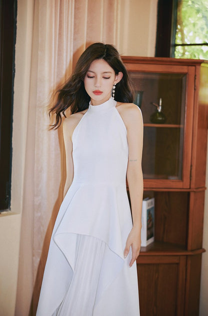 DOLLY High End White/Black Sleeveless Ruffled Halter Neck Top+ Pleated Skirt-SOLANGE