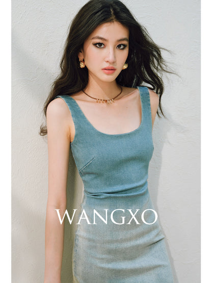 WANGXO |Long-Staple Cotton Neckline and Waist-Cinched Cropped Denim Dress -LANA