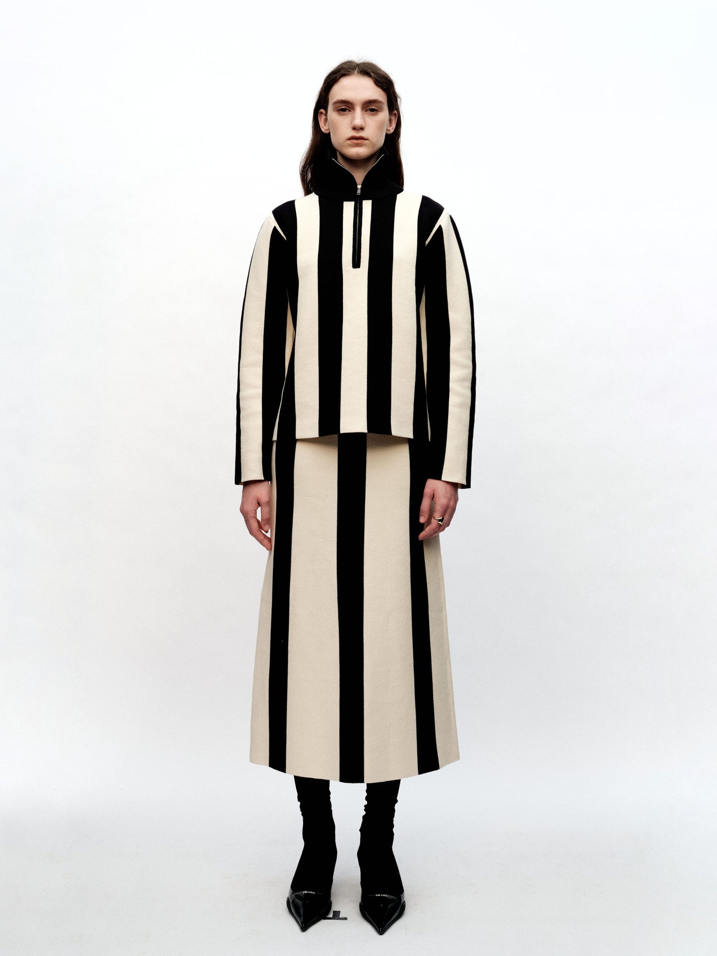 SERRER Black and white vertical stripe knitted slit long skirt - ETHAN.