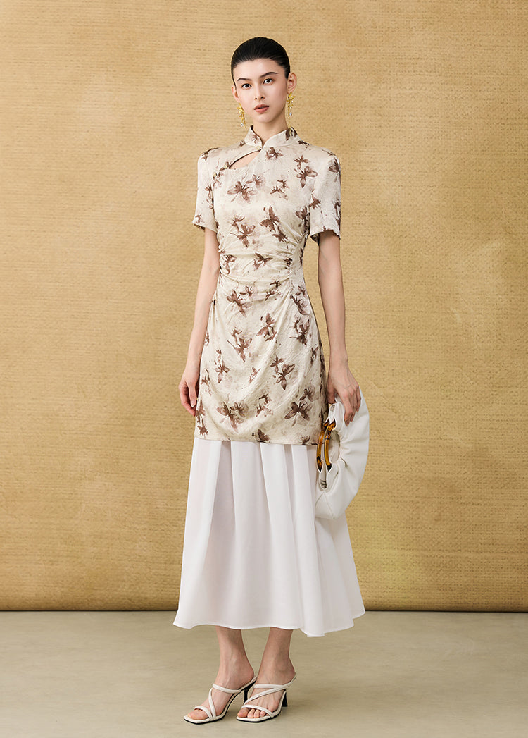 HECO Chinese Style Stand Collar Cut-out Pleated Short Cheongsam Dress - BIRD.