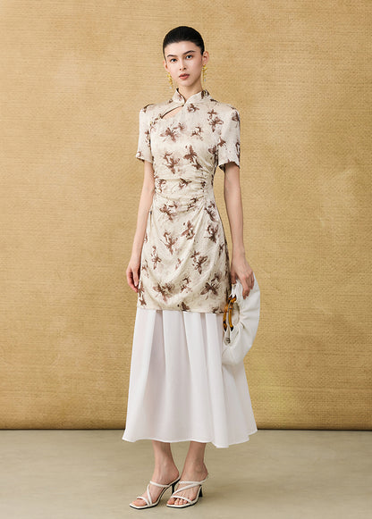 HECO Chinese Style Stand Collar Cut-out Pleated Short Cheongsam Dress - BIRD.