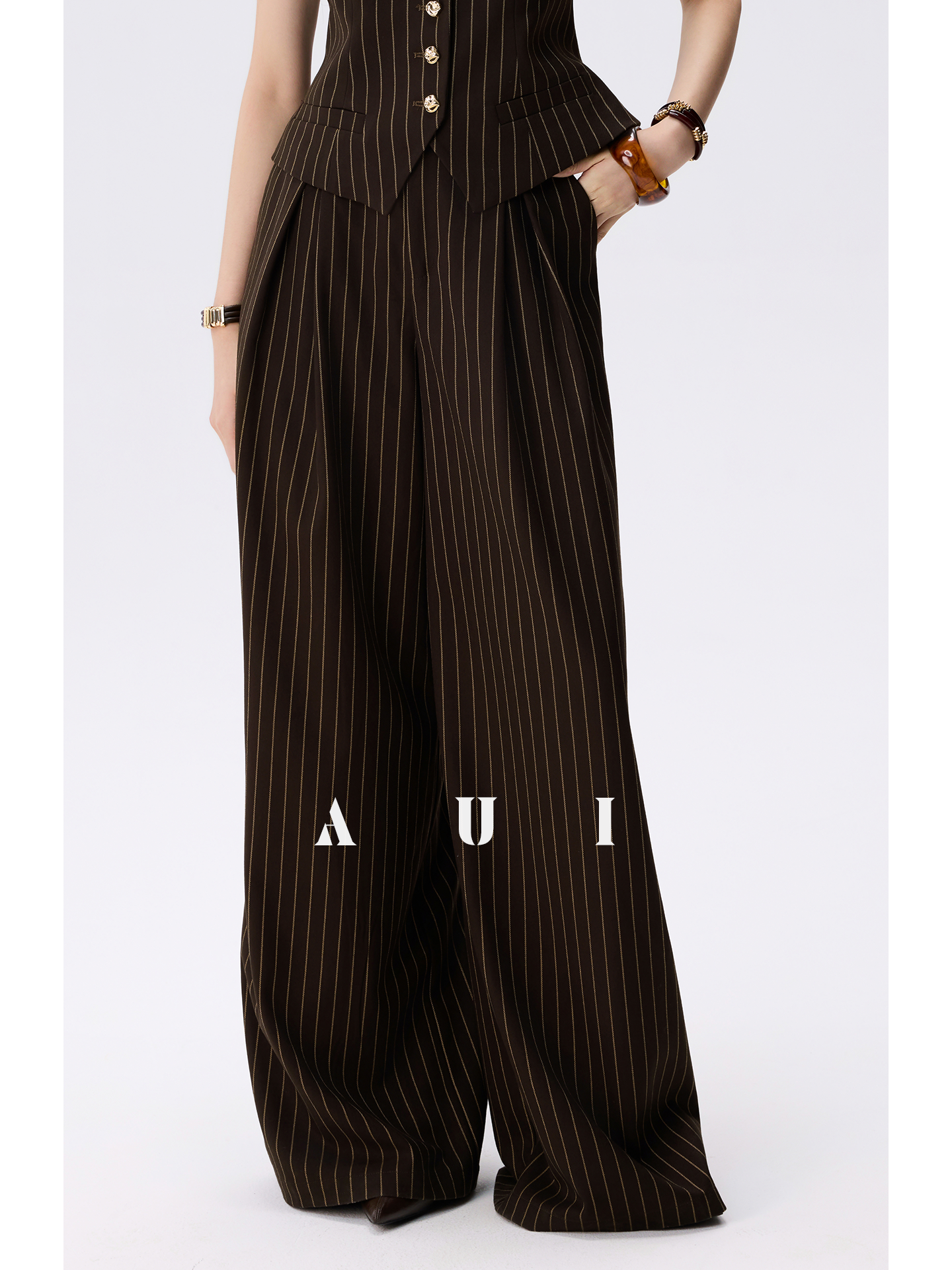 AUI Design Striped Suit High-Waisted Drape Pants -  Ji-ah.