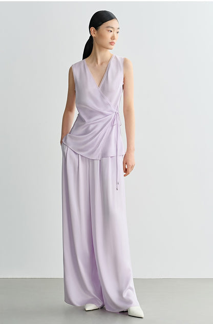COMME MOI Lv Yan designer summer women's purple double-faced satin straight pants - HARTLEY.