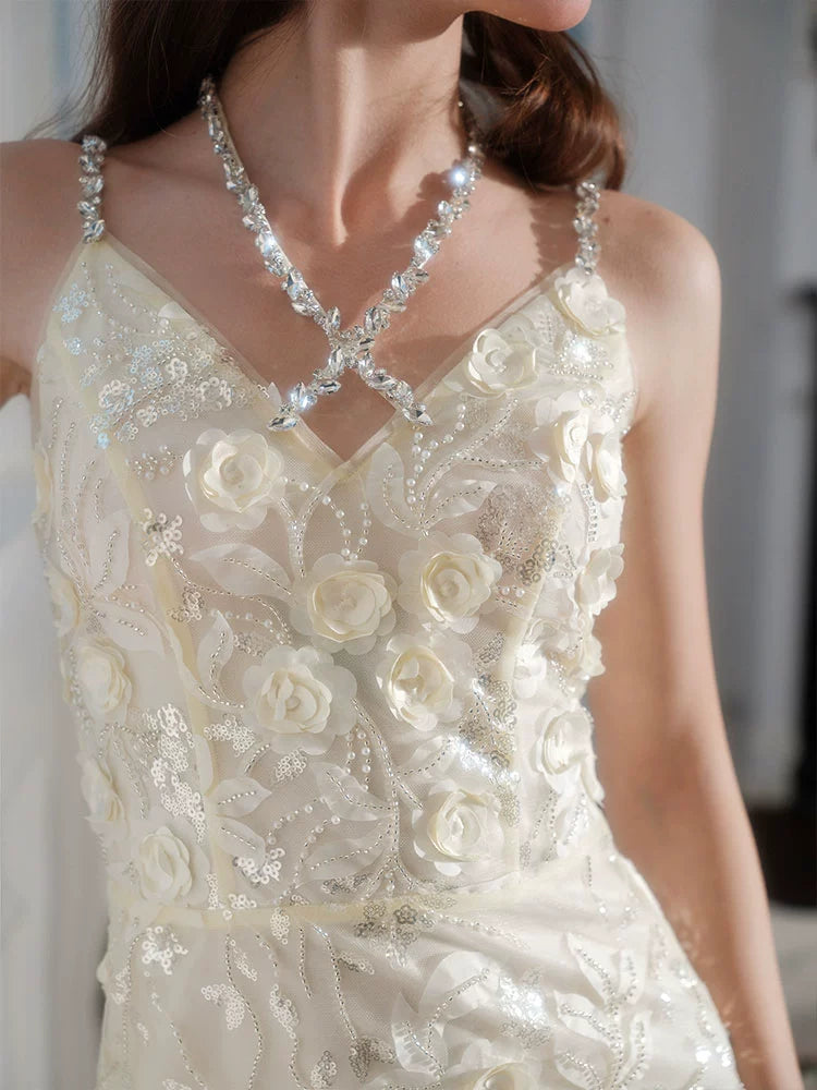 Wardrobes by Chen Luxury V-Neck Sleeveless Floral Feather Short bridal Dress-Shife