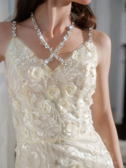 Wardrobes by Chen Luxury V-Neck Sleeveless Floral Feather Short bridal Dress-Shife