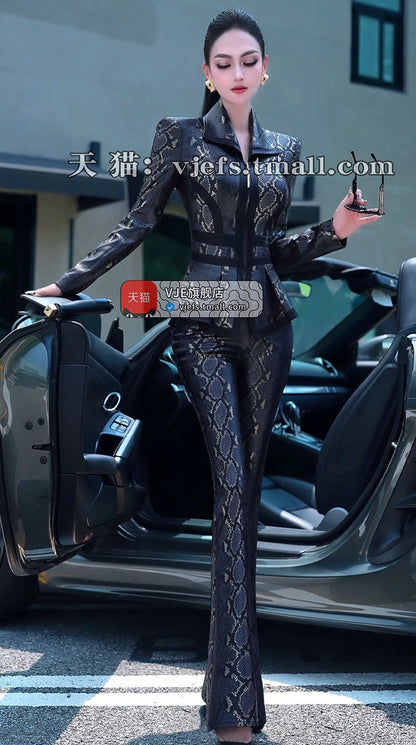 VJE Snake Print Jacket High-Waisted Micro Flared Pants Two-Piece Set-LILO.