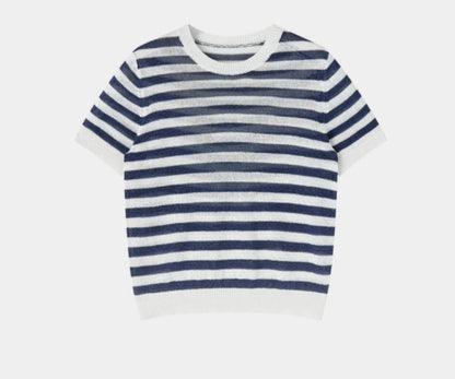 SUSHE light hollow texture striped short-sleeved knit sweater new stretch loose top -BESS