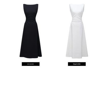 WANGXO | Boat Neck Cinched Waist & Flowing Umbrella Hem Dress  MARCELINE.