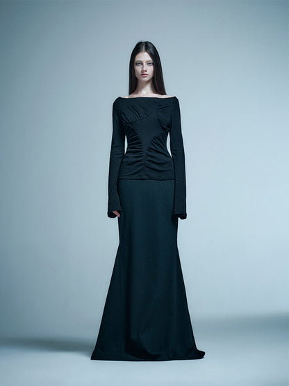 ANNAKIKI BLACK FOUR-POINTED STAR RUFFLED SLIM TOP-YUTO