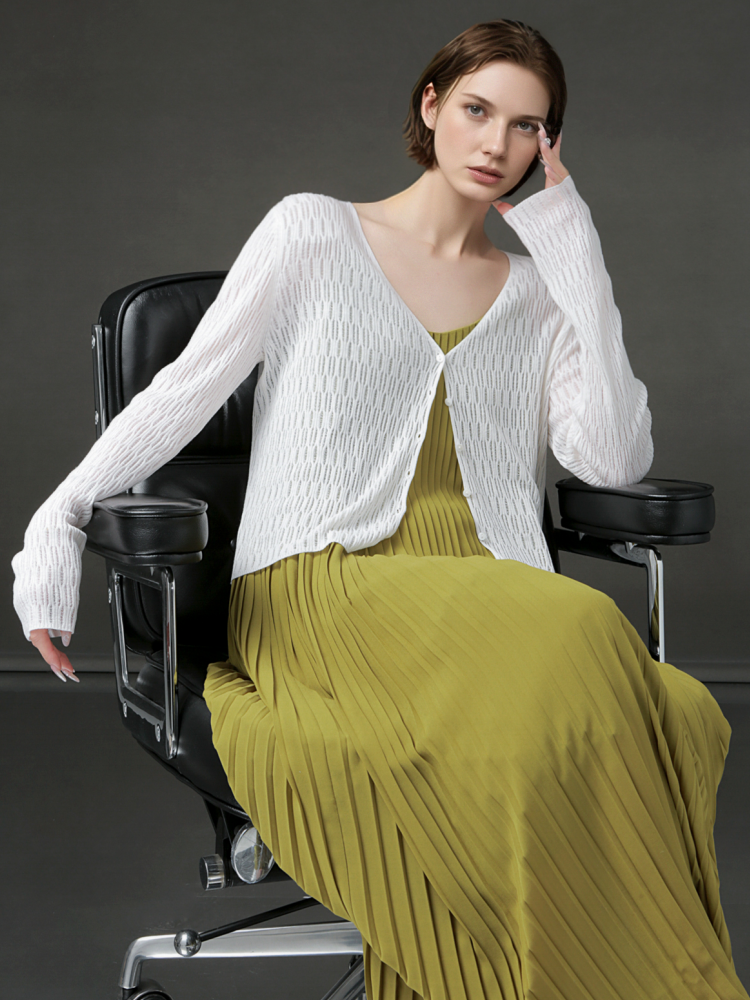PIAOIN Tencel Linen Cool French Cutout V-Neck Cardigan Women's Slim Knit Jacket -AVA