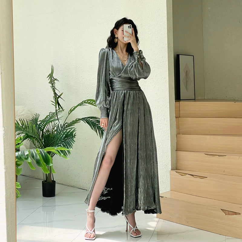 DOLLY Elegant Peach V-Neck Long Puff Sleeve High Waist Long Flowing Guest Dress-BESTY