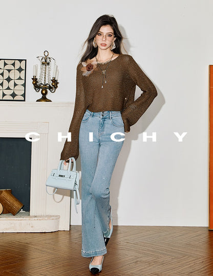 CHICHY hot diamond bootcut blue high-waisted slim pants-KYO