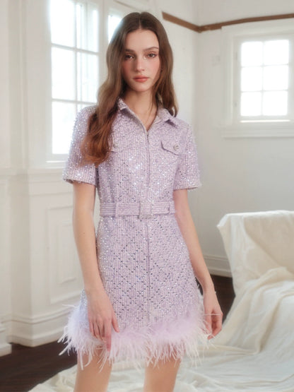 Wardrobes by Chen Elegant Purple Polo Collar Short Sleeve Feather Dress- Boa