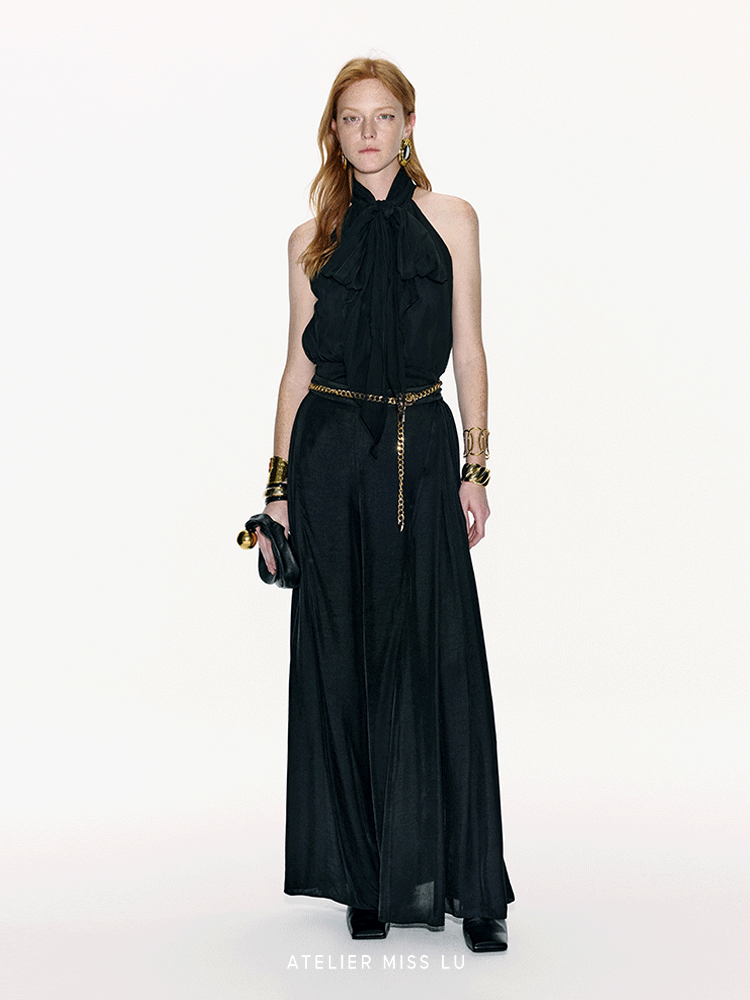 ATELIER MISS LU Long Streamer Design Mulberry Silk Shaved Shoulder Top - MALIKA