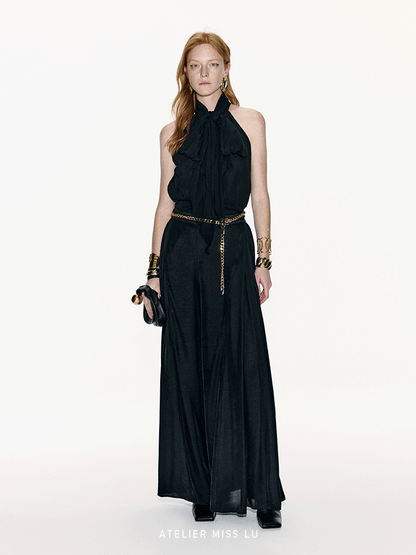 ATELIER MISS LU Long Streamer Design Mulberry Silk Shaved Shoulder Top - MALIKA