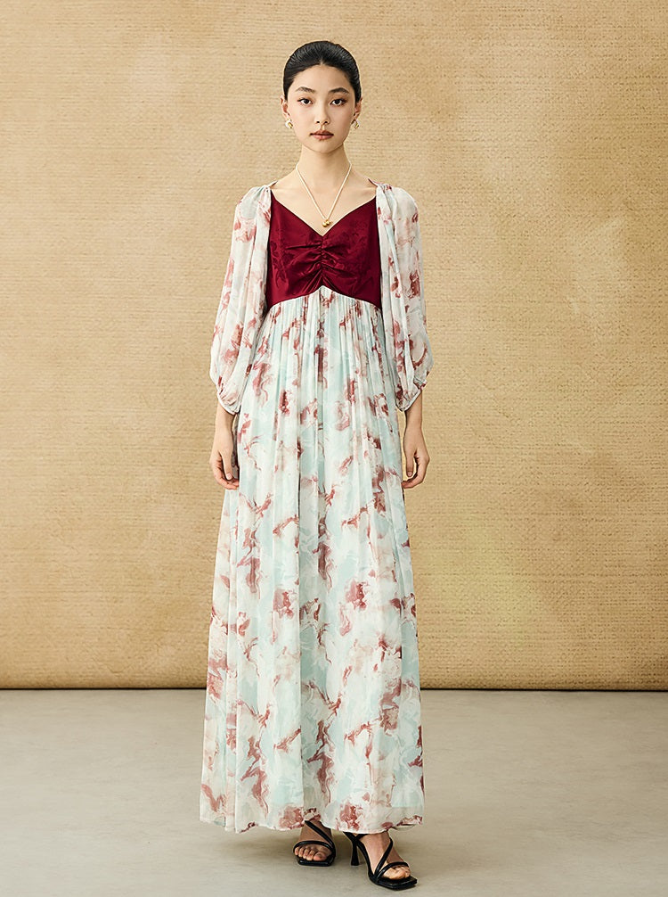 HECO Chinese V-neck camisole chiffon print long dress - BUSE.