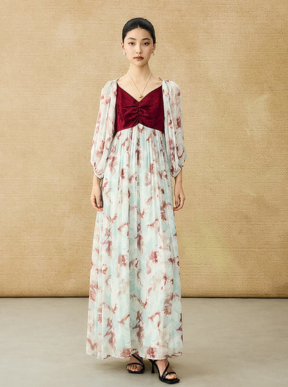 HECO Chinese V-neck camisole chiffon print long dress - BUSE.