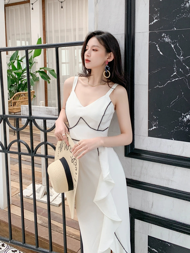 DOLLY Elegant White/Black V-Neck Sleeveless High Waist Long Ruffle Dinner Dress-MIA