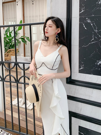 DOLLY Elegant White/Black V-Neck Sleeveless High Waist Long Ruffle Dinner Dress-MIA