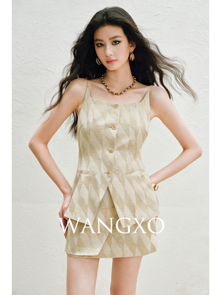 WANGXO | Oxygen-Induced Linen with Rhombic Texture  Waist-Cinched U-Neck Camisole Vest & Tie Skirt Set -NOLA
