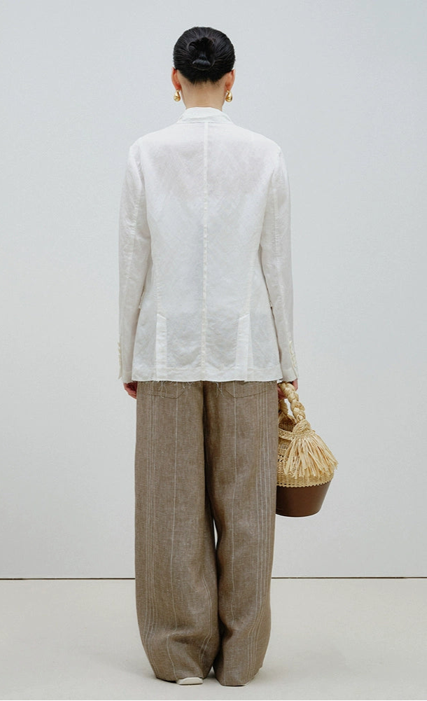 ZHUCHONGYUN loose-fitting striped beaded belted linen trousers-WILLOW.