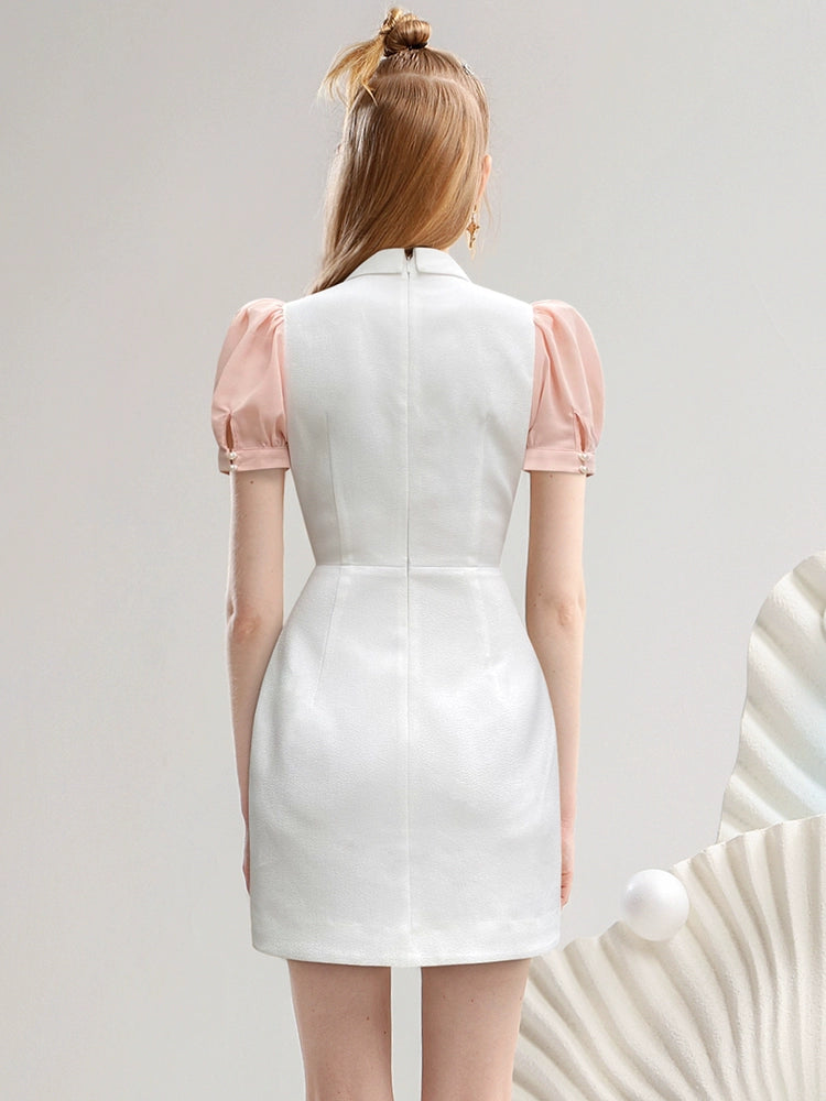 CHECOCRE Elegant V-neck Pressed Pleated Diamond Design Short White Dress - SEEKING