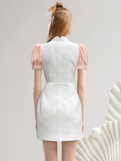 CHECOCRE Elegant V-neck Pressed Pleated Diamond Design Short White Dress - SEEKING