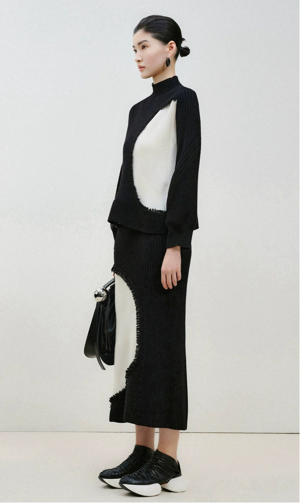 ZHUCHONGYUN New Chinese Color-Blocking A-Line Stretch Knit Skirt--OXYGUN.