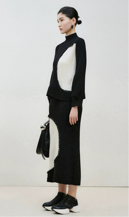 ZHUCHONGYUN New Chinese Color-Blocking A-Line Stretch Knit Skirt--OXYGUN.