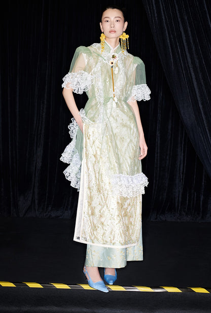 M essential Mackay designer Ear Mesh lace welt stand-up collar dress - DOUNT.