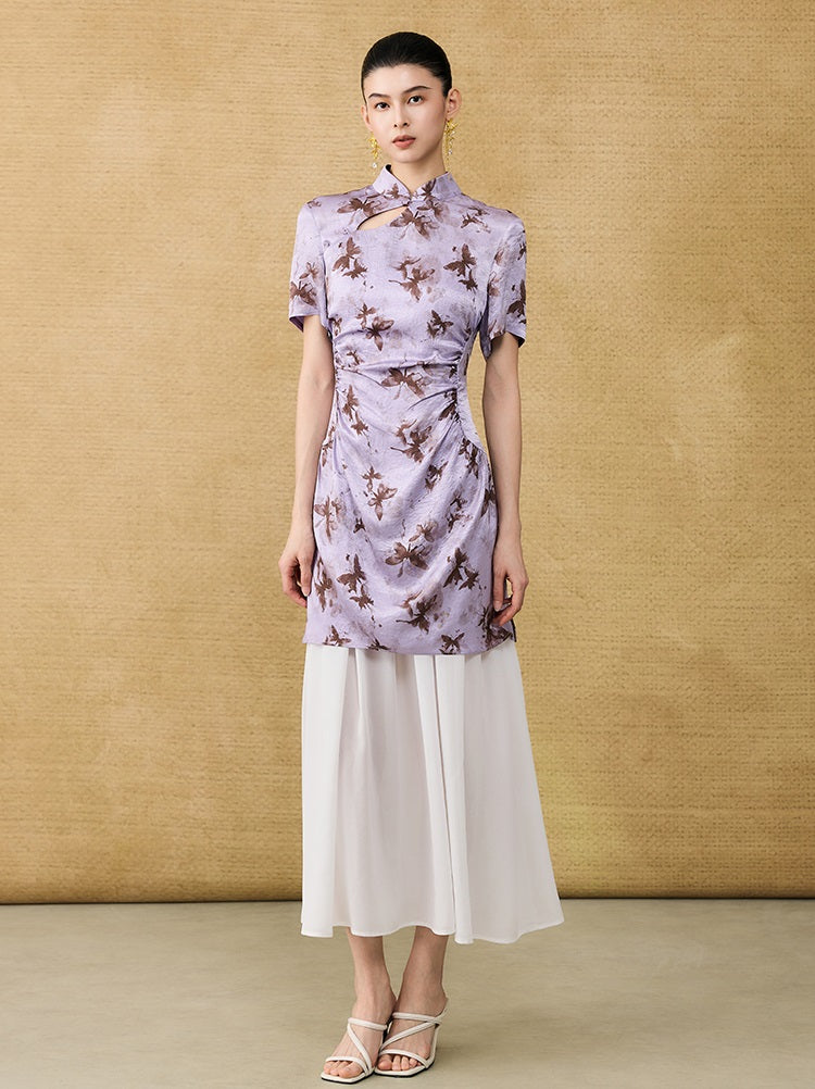 HECO Chinese Style Stand Collar Cut-out Pleated Short Cheongsam Dress - BIRD.