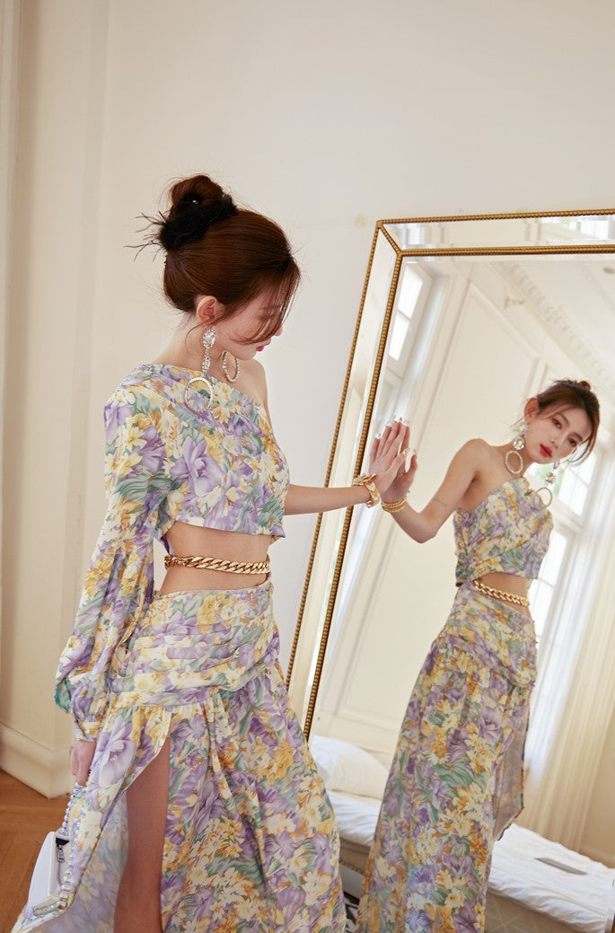 DOLLY Luxury French Style Floral One Sleeve Off Shoulder Waist Baring Slit Resort Dress-LYRA