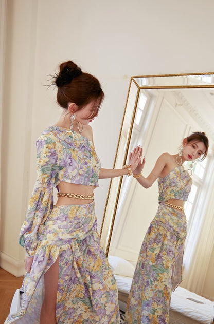 DOLLY Luxury French Style Floral One Sleeve Off Shoulder Waist Baring Slit Resort Dress-LYRA