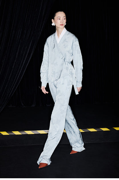 M essential Mackay designer pastel blue Jacquard knotted jacket pants suit set - Gekit.