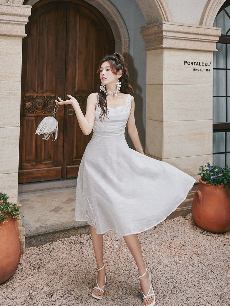 DOLLY Luxury White Retro Style Sleeveless Pleated Midi Suspender Dinner Dress-EUDORA