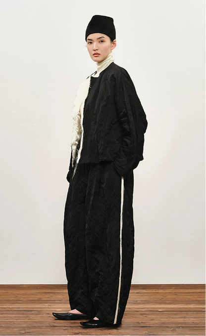 ZHUCHONGYUN black pleated woven strip loose cocoon pants--DANTE.