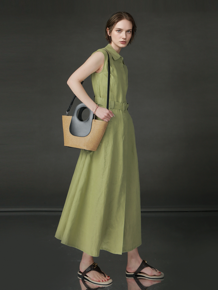PIAOIN minimalist 100% linen sleeveless belted midi green pastel blue shirt dress -EVELYN.