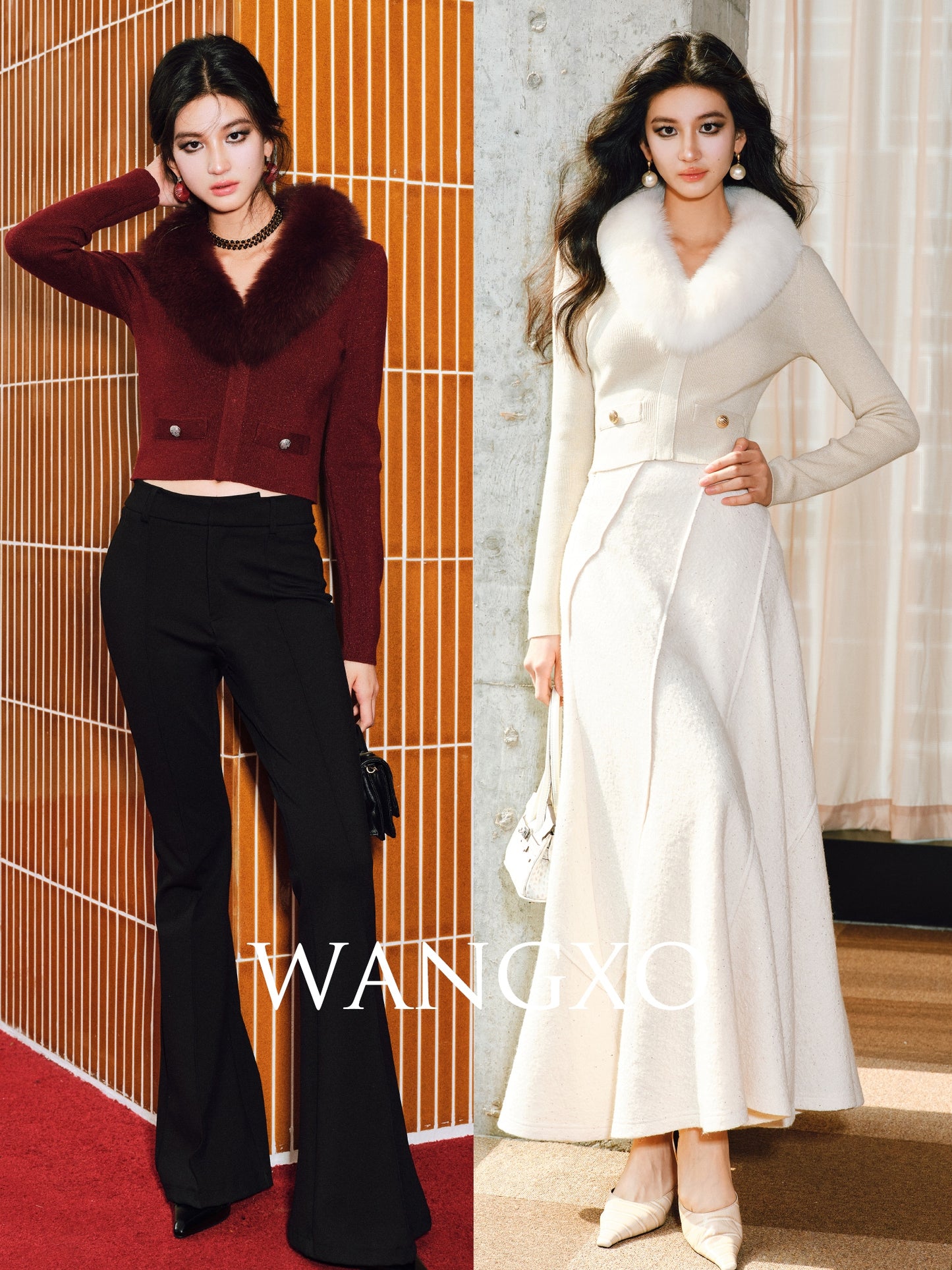 WANGXO | Luxury Wool Fixed Dyeing with Detachable Fox Fur Collar Knitted Top- JUNE.