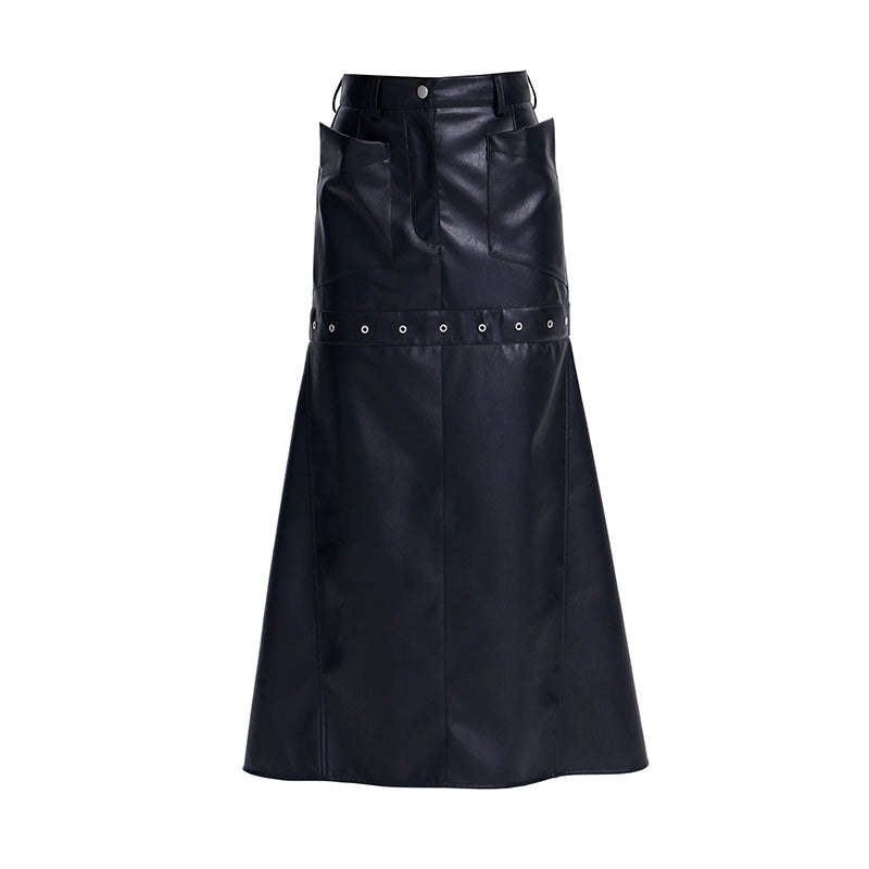 TINY IN High Waist Leather Panelled Fishtail Black Skirt-RIHA