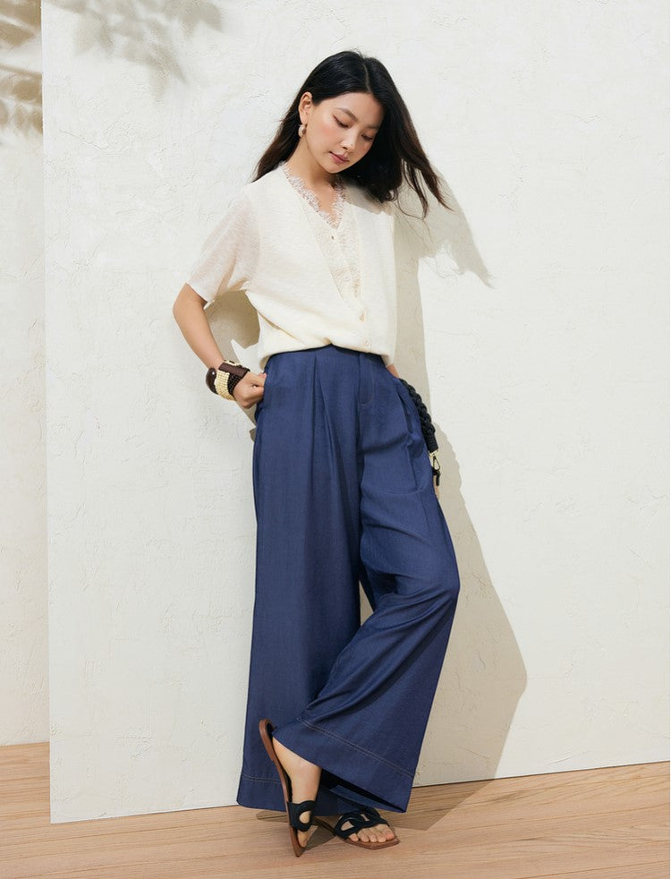 SUSHE LACE STITCHING V-NECK FIVE-QUARTER SLEEVES TWO-PIECE KNITTED TOP-EVA
