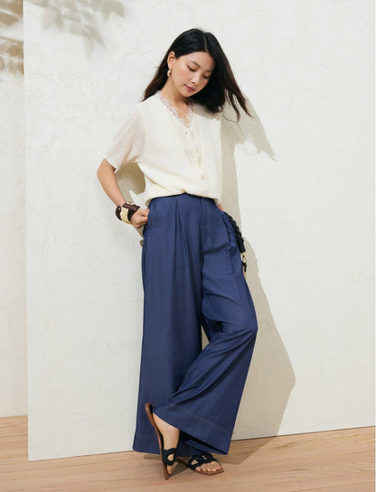 SUSHE LACE STITCHING V-NECK FIVE-QUARTER SLEEVES TWO-PIECE KNITTED TOP-EVA