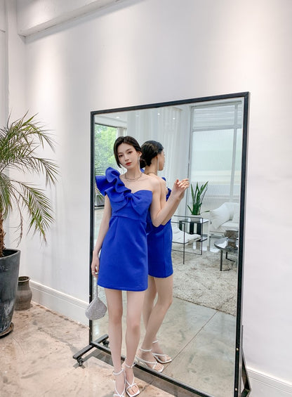 DOLLY Luxury Slant Collar Sleeveless Big Bow Ruffle Short Birthday Dress-MAYE