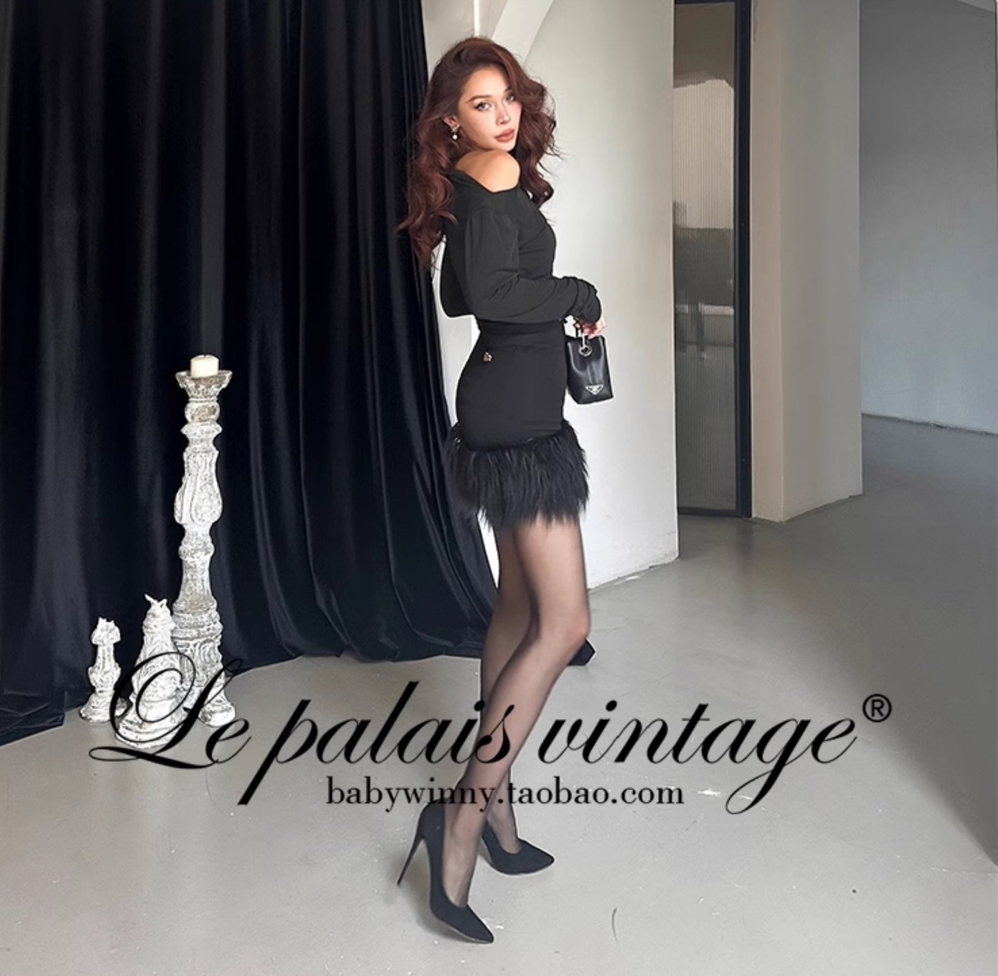 Le Palais Vintage Luxury Plain Black High Waist Hip Fur Rim Short Cocktail Skirt-Avery.
