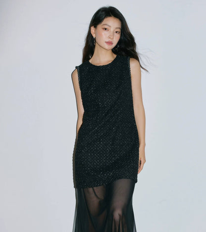 Sushe Dark Urban Party silver tweed mesh sleeveless dress-AVA