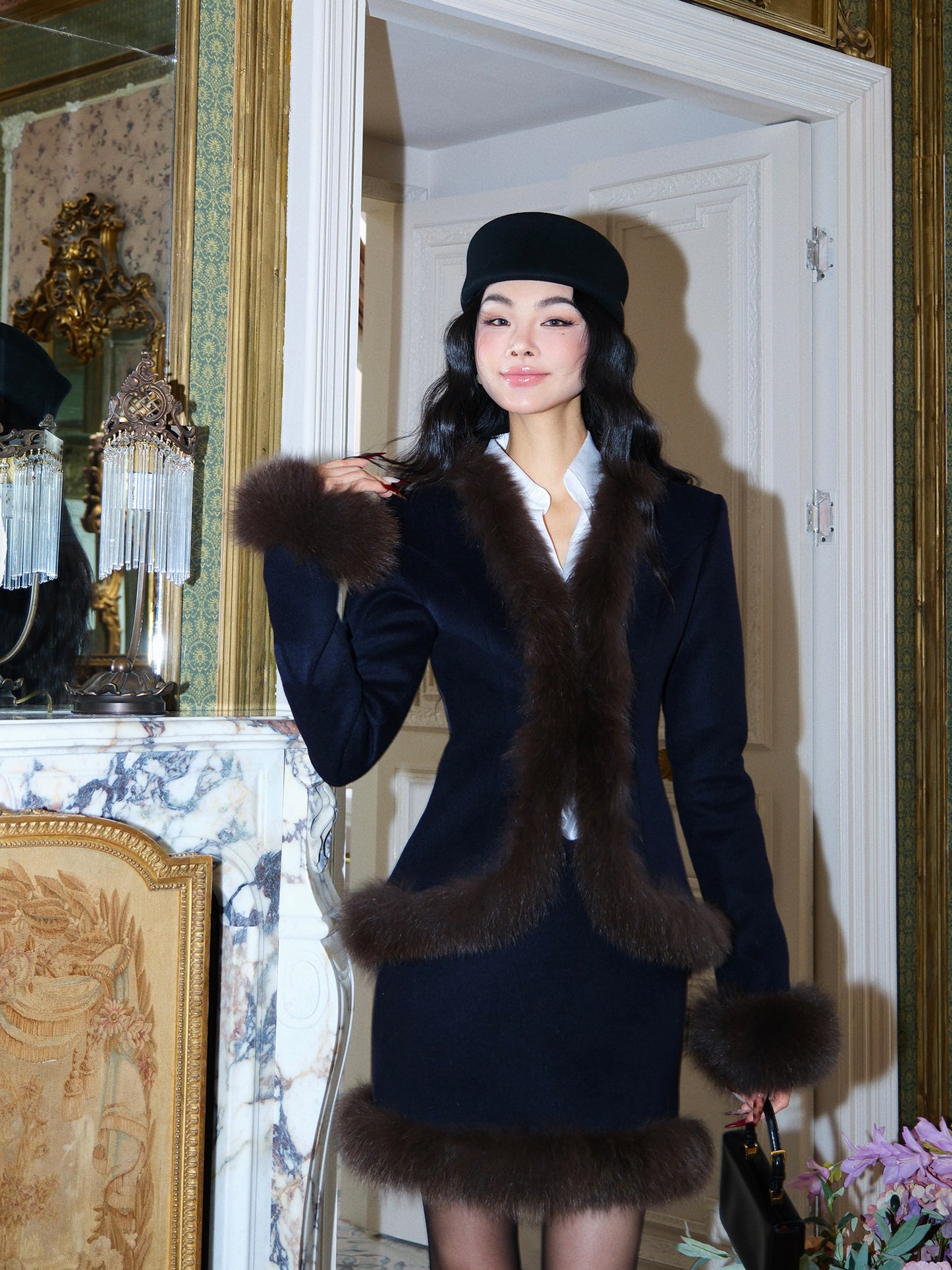 MEI SANGUAN Navy Wool Fox Fur Collar & Sleeve Suit - CALEB