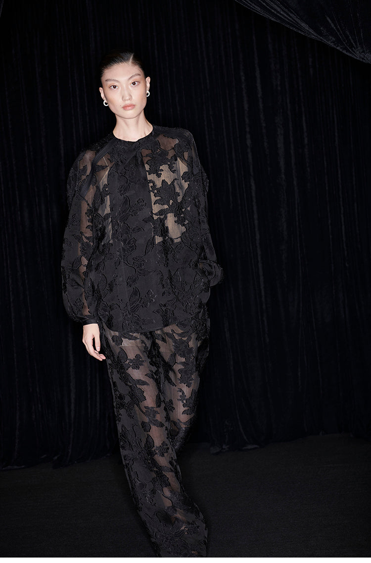 M essential Mackay designer slashed silk-cut semi-sheer lace pant top - indigo.