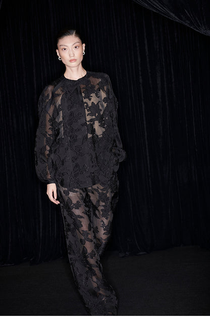 M essential Mackay designer slashed silk-cut semi-sheer lace pant top - indigo.