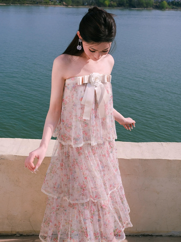 Wardrobes by Chen Luxury Floral Tube bow Maxi Summer Dress-Marilyn