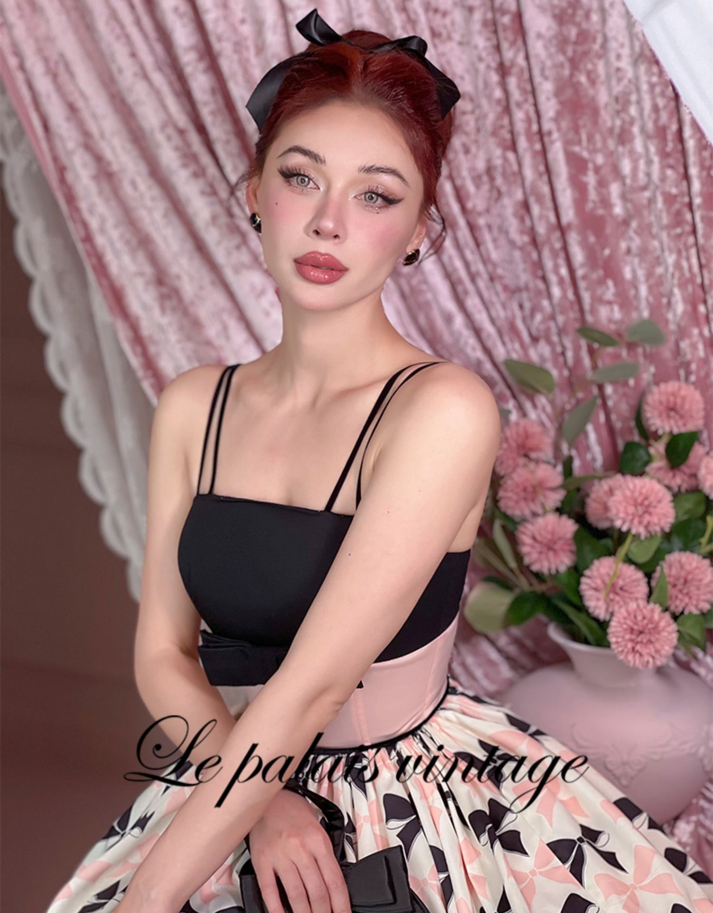 Le Palais  50s classic pink and black contrast bow cinched waist Dress-WENDY